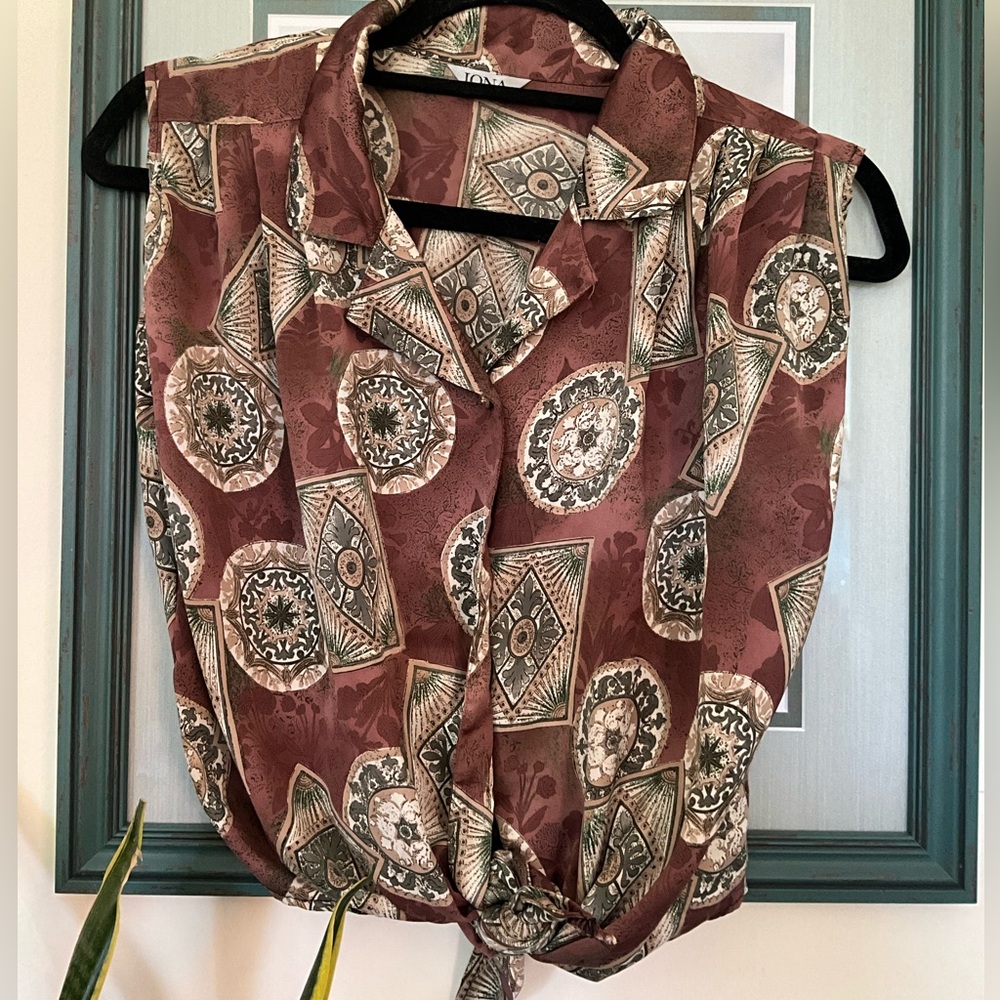 Vintage Red Brown Button Down Shirt with Tie Front